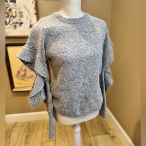 NWT! ENDLESS ROSE Gray Crewneck Sweater with Ruffle Cut-Out Sleeves